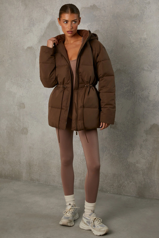 Mid Length Hooded Puffer Coat in Cocoa Brown - UK Size:L
